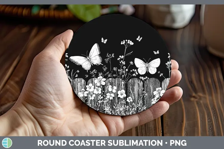 Linocut Cottage Butterfly Round Coaster Sublimation Coaster
