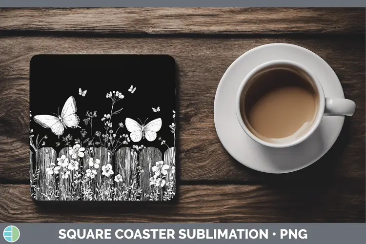 Linocut Cottage Butterfly Square Coaster Sublimation Coaster