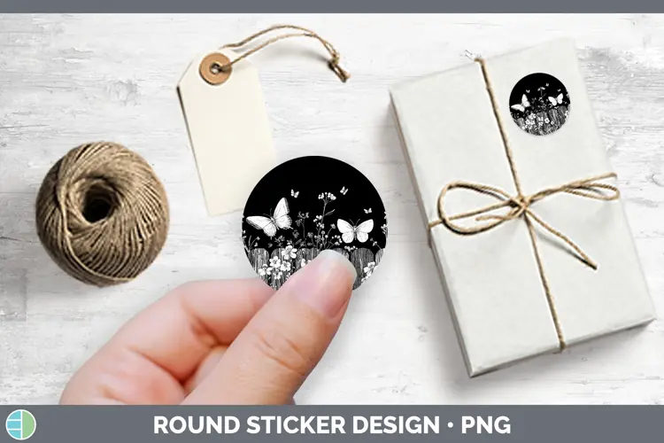 Linocut Cottage Butterfly Stickers | Round Labels Designs