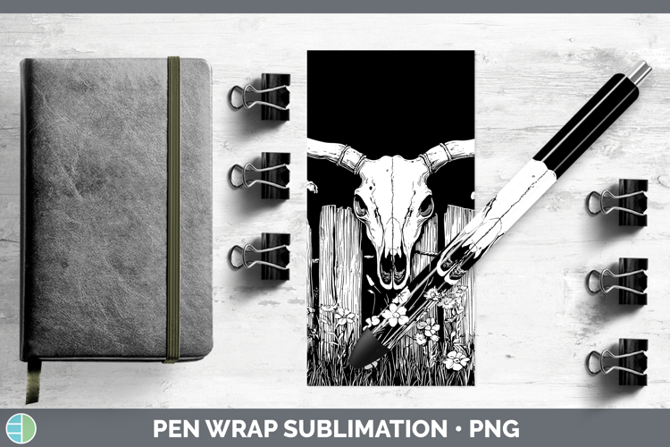 Linocut Cottage Cow Skull Pen Wrap Sublimation Pen Designs
