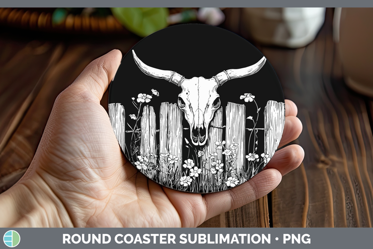 Linocut Cottage Cow Skull Round Coaster Sublimation Coaster