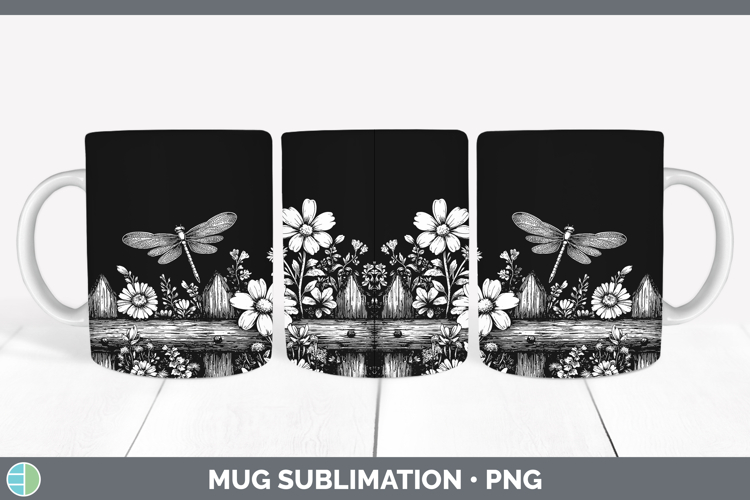 Linocut Cottage Dragonfly Mug Wrap Sublimation Coffee Cup De