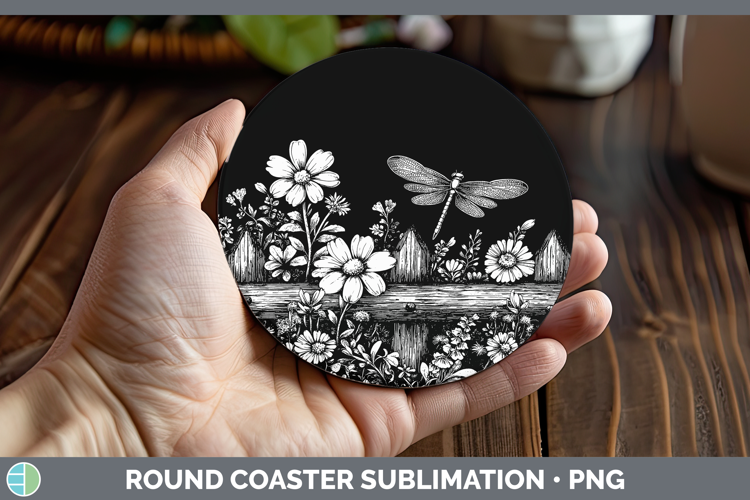 Linocut Cottage Dragonfly Round Coaster Sublimation Coaster