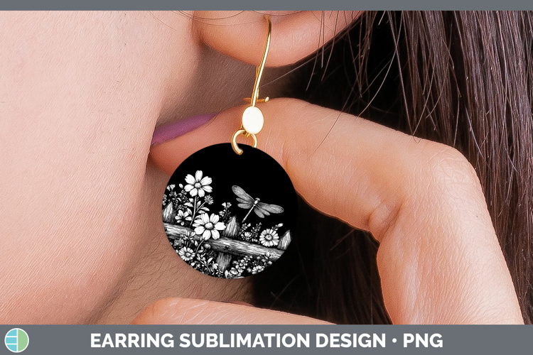 Linocut Cottage Dragonfly Round Earrings Sublimation Earring
