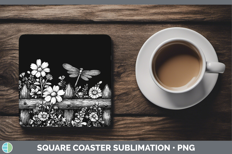 Linocut Cottage Dragonfly Square Coaster Sublimation Coaster