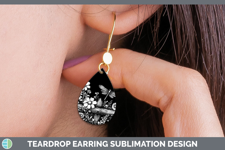 Linocut Cottage Dragonfly Teardrop Earrings Sublimation Earr