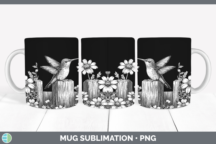 Linocut Cottage Hummingbird Mug Wrap Sublimation Coffee Cup