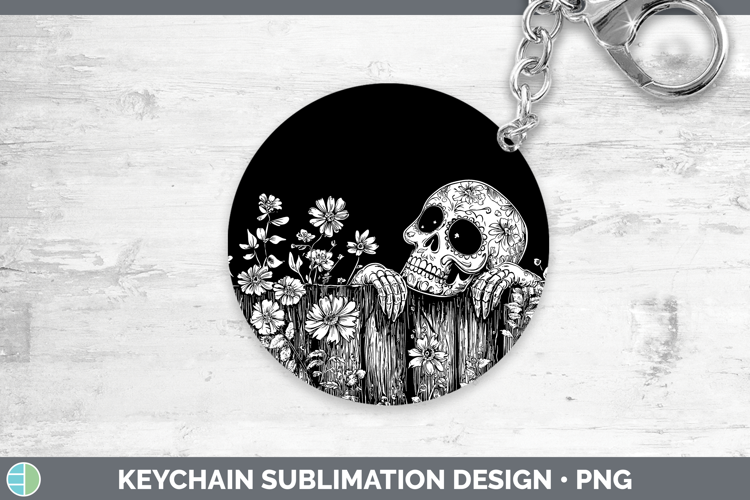 Linocut Cottage Sugar Skull Keychain Sublimation Keyring Des