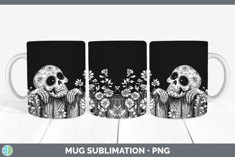Linocut Cottage Sugar Skull Mug Wrap Sublimation Coffee Cup