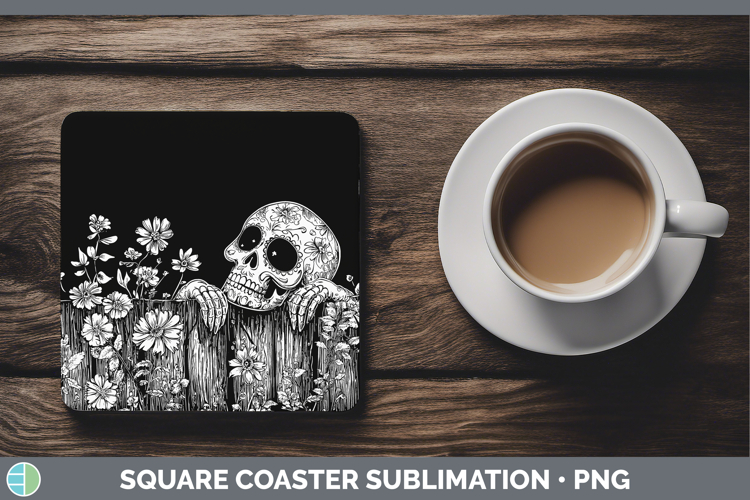 Linocut Cottage Sugar Skull Square Coaster Sublimation Coast