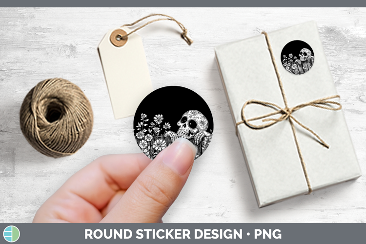 Linocut Cottage Sugar Skull Stickers | Round Labels Designs