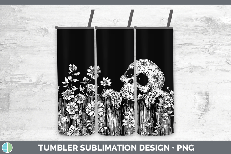 Linocut Cottage Sugar Skull Tumbler Sublimation 20 oz Skinny