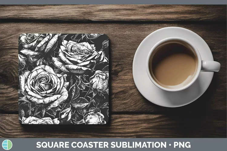 Linocut Rose Square Coaster Sublimation Coaster Designs