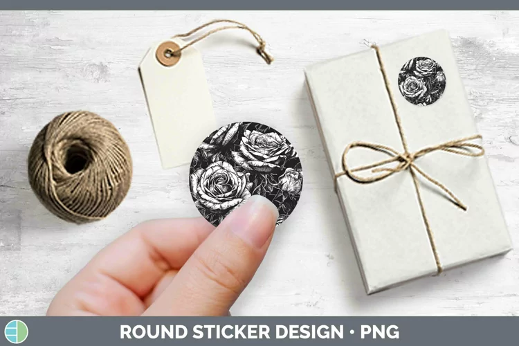 Linocut Rose Stickers | Round Labels Designs