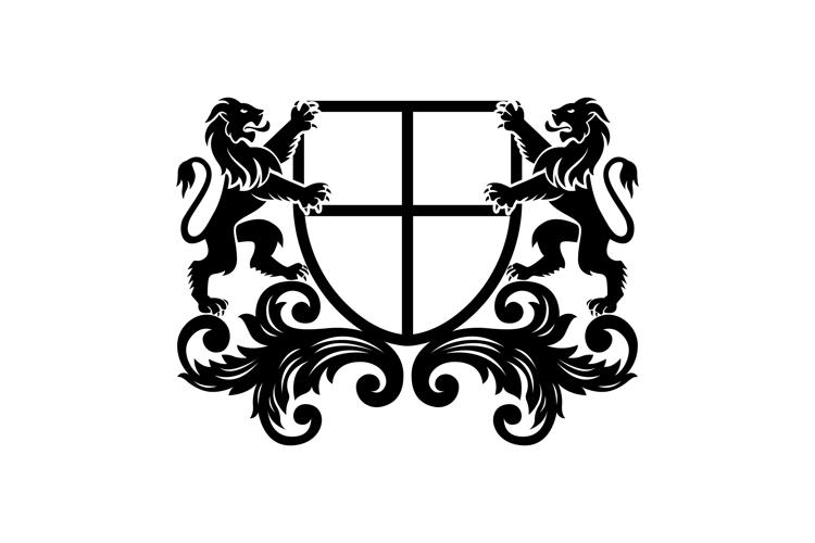 Heraldic Lions Rampant Holding Empty Shield with Ornate