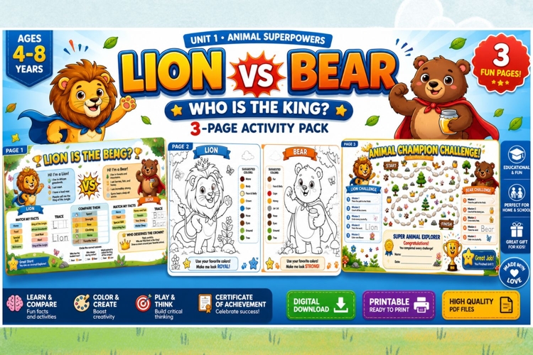 Lion vs Bear Activity Pack for Kids | Printable 3-Page PDF