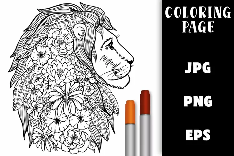Lion Coloring Page with Flowers and Feathers