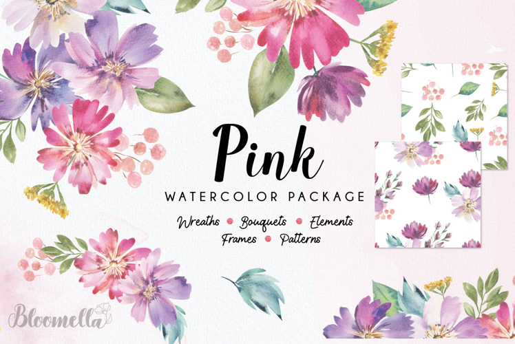 Watercolour Pink Flower Patterns Bouquets Frames Elements