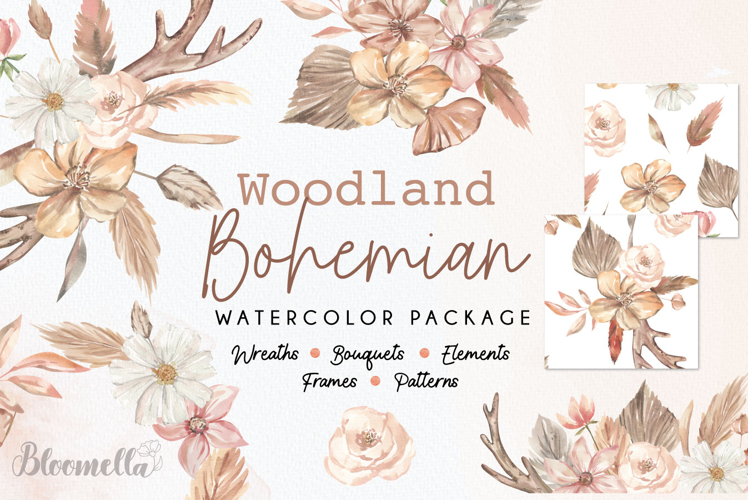Watercolour Bohemian Antler Neutral Boho Neutral Feathers