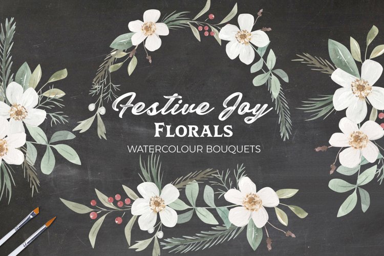 Watercolor Flowers Bouquets Christmas Festive Hand Painted example image 1