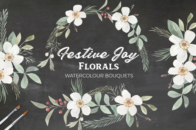 Watercolor Flowers Bouquets Christmas Festive Hand Painted