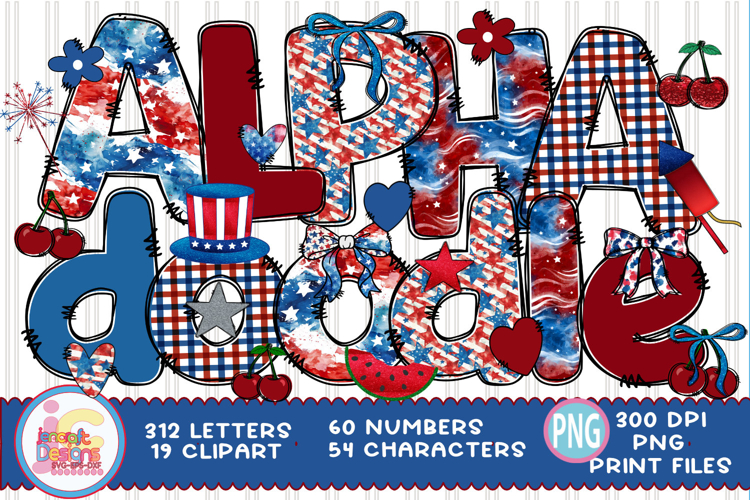 4th of July Alphabet PNG Bundle, Patriotic Doodle Letters