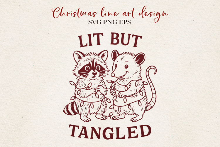 Christmas Raccoon & Possum Line Art | Holiday Lights SVG PNG