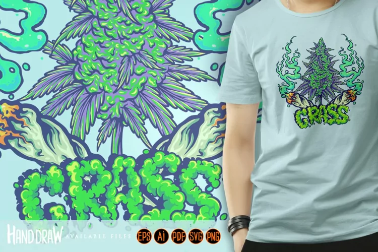 Lit up crosses joint with cannabis bud and grass typeface