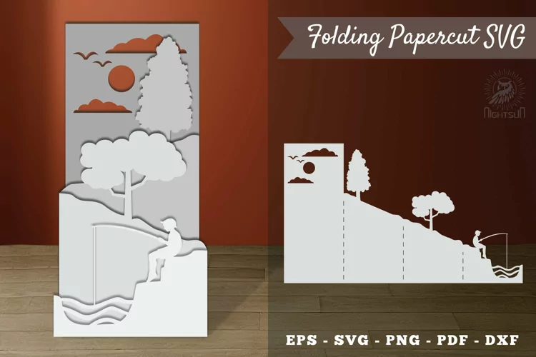 Little Boy Fishing, Folding Papercut SVG