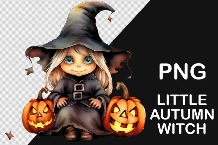 Little Halloween autumn witch with two pumpkin. PNG clip art