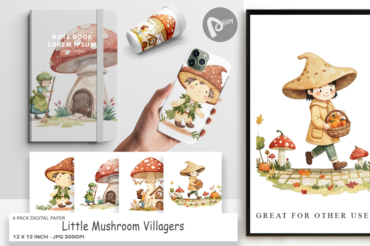 Digital Paper Mushroom Village Friends