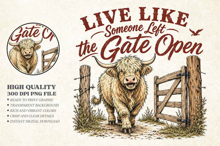 Live Like the Gate Open Farm PNG, Vintage Highland Cow