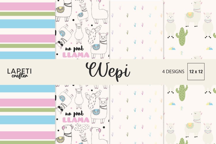 Pastel llama digital paper with cactus illustrations and colorful details