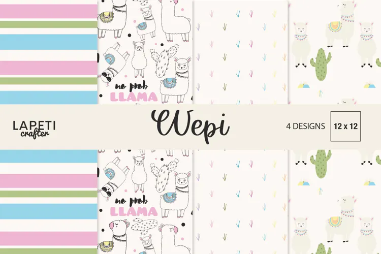 Llama Digital Paper with Cactus Pastel Scrapbook Patterns