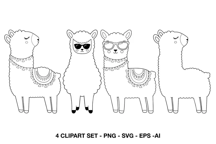 Llama Line Art Clipart with Sunglasses & Boho Details