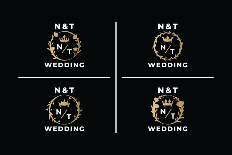 Elegant Gold Monogram N&T Wedding Logo Design with Crown