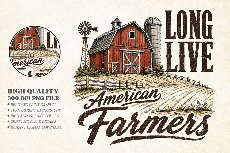Long Live American Farmers T-shirt, Vintage Barn PNG