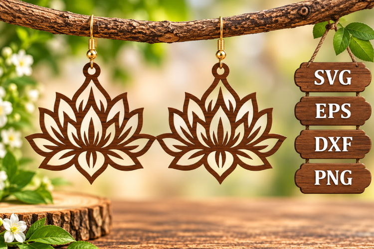 Lotus Flower Earring Wood Silhouette Spiritual Mandala SVG