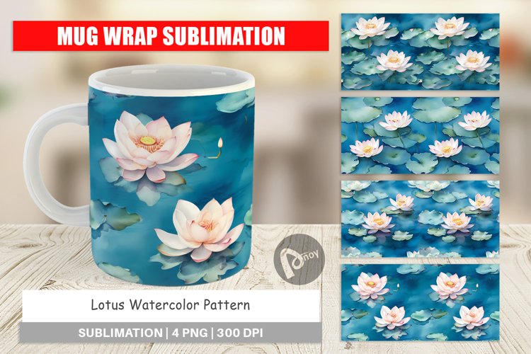 Mug Wrap Design Lotus Watercolor Pattern