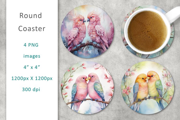 Love Birds Watercolor Round Coaster, digital collage sheet