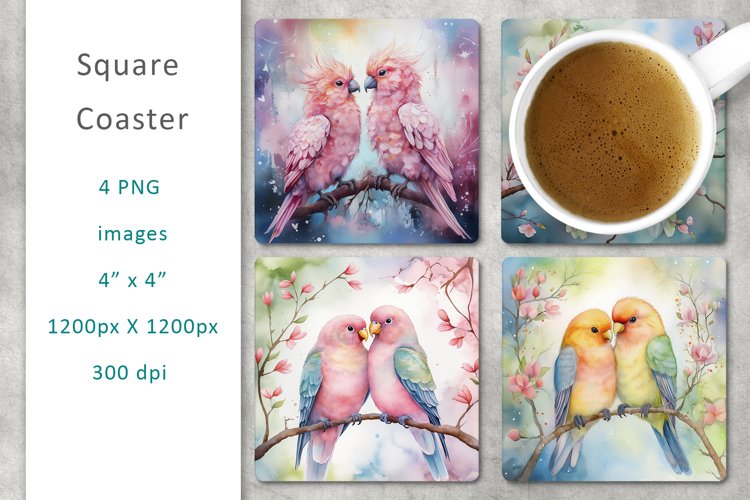 love birds watercolor square coaster, digital collage sheet example image 1