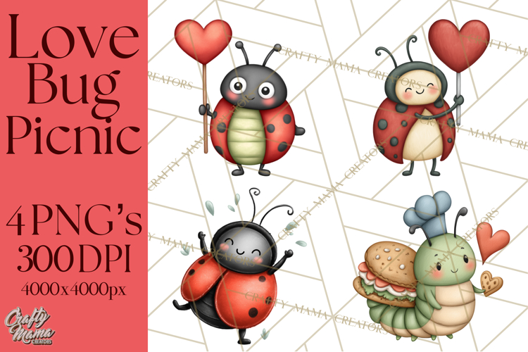 Love Bug Picnic Clipart PNG, Sweet Insect Valentine Clip Art