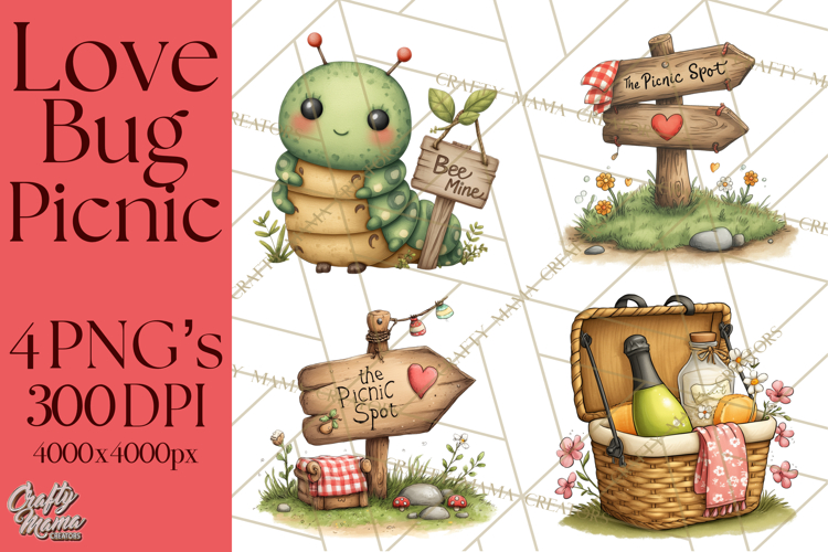 Love Bug Picnic Clipart PNG, Sweet Insect Valentine Clip Art