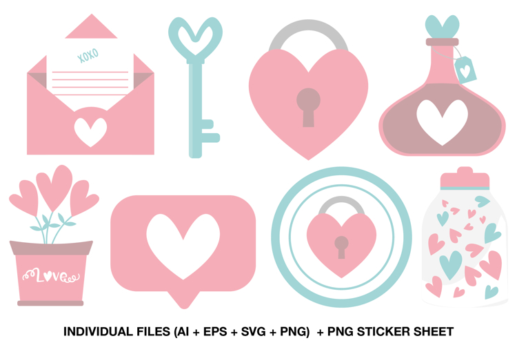 Valentine Clipart Set, Pastel Love Elements PNG Bundle example image 1