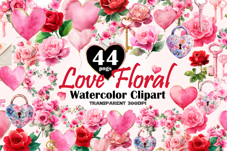Love Floral Watercolor Flowers Clipart Bundle 44 | PNGs