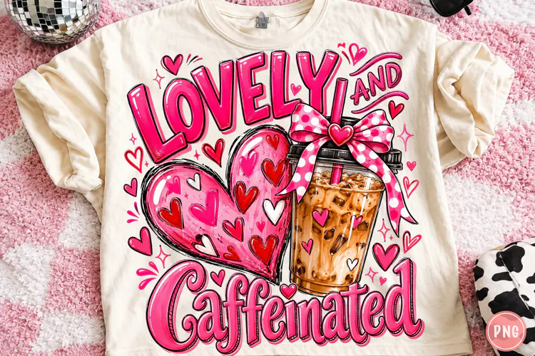 Lovely & Caffeinated Valentine PNG, Coquette Bow Digital Dow