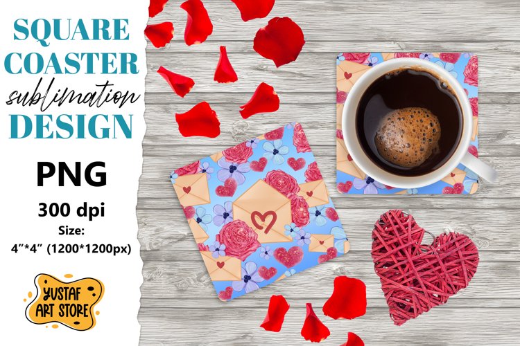 Valentine square coaster design. Envelope flowers coaster