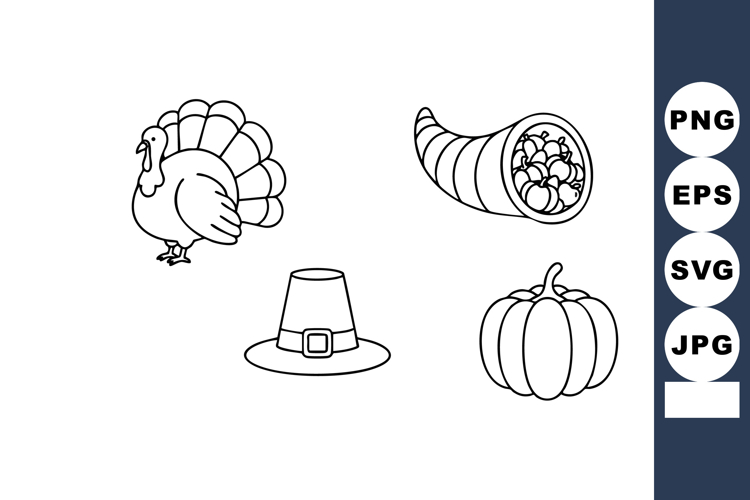 Thanksgiving turkey pilgrim hat pumpkin and cornucopia vecto