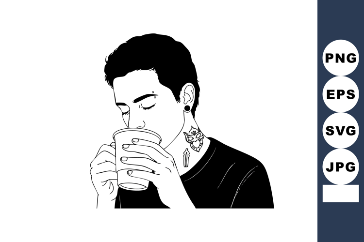 Man enjoying hot beverage with tattoo and piercings drinking