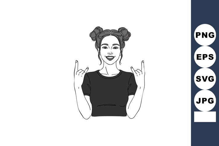 Young woman showing rock hand gesture in black t-shirt vecto